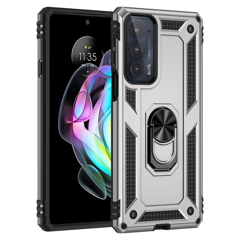 För Motorola Edge 20 integrerad roterande ringsfodral med hybrid mobilskal Militärklass skydd - Silver