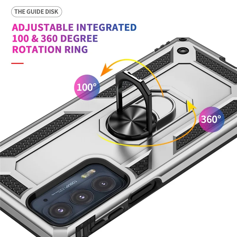 För Motorola Edge 20 integrerad roterande ringsfodral med hybrid mobilskal Militärklass skydd - Silver