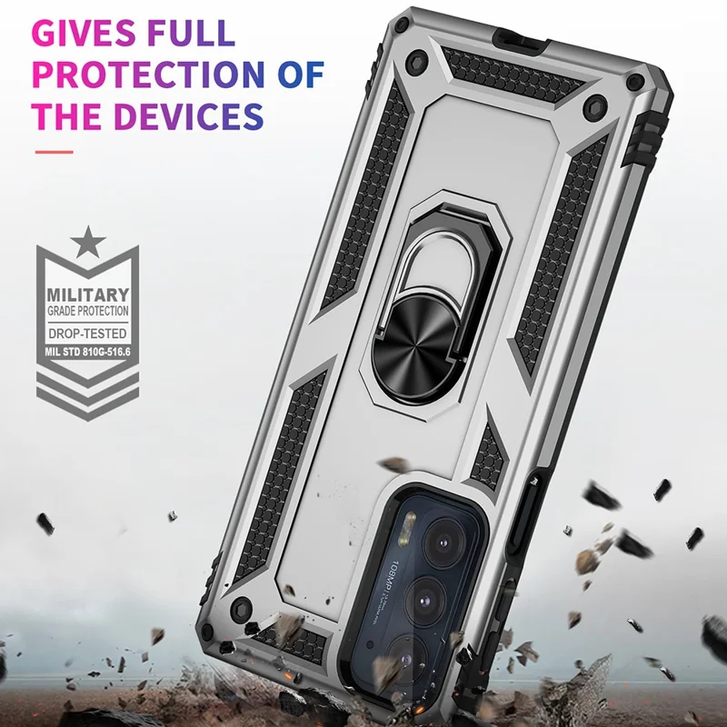 För Motorola Edge 20 integrerad roterande ringsfodral med hybrid mobilskal Militärklass skydd - Silver