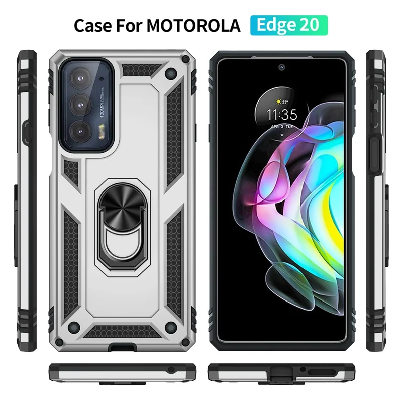 För Motorola Edge 20 integrerad roterande ringsfodral med hybrid mobilskal Militärklass skydd - Silver