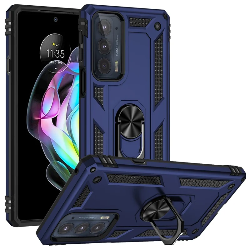 For Motorola Edge 20 Integrated Rotating Ring Kickstand Hybrid Cell Phone Case Military Grade Protection - Blue