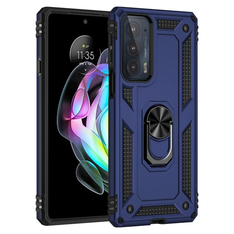 For Motorola Edge 20 Integrated Rotating Ring Kickstand Hybrid Cell Phone Case Military Grade Protection - Blue