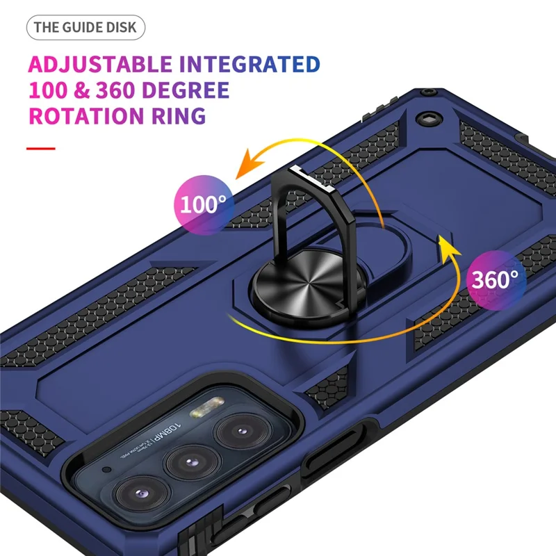 For Motorola Edge 20 Integrated Rotating Ring Kickstand Hybrid Cell Phone Case Military Grade Protection - Blue