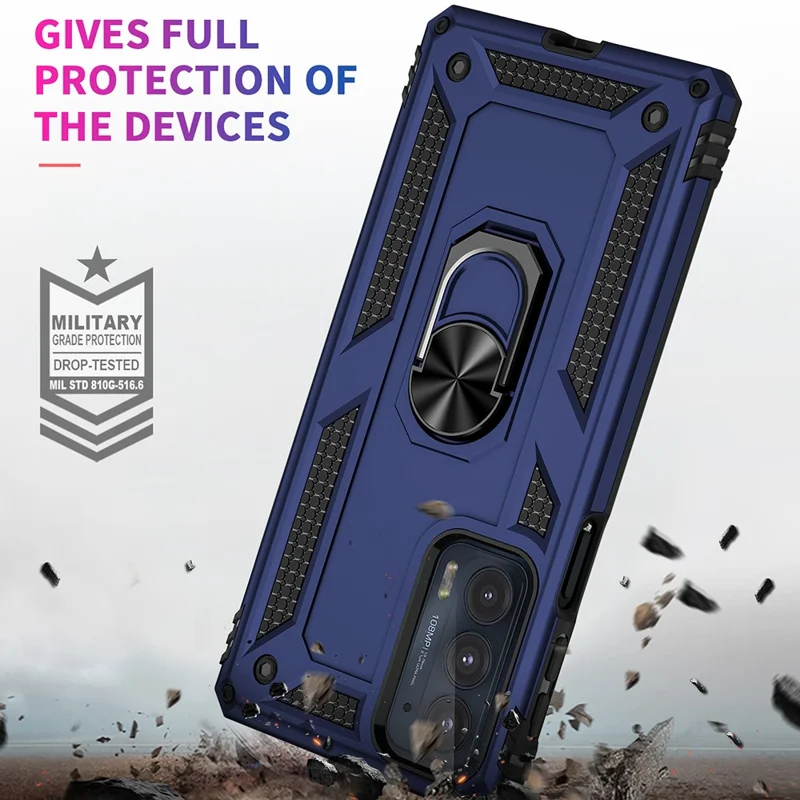 For Motorola Edge 20 Integrated Rotating Ring Kickstand Hybrid Cell Phone Case Military Grade Protection - Blue
