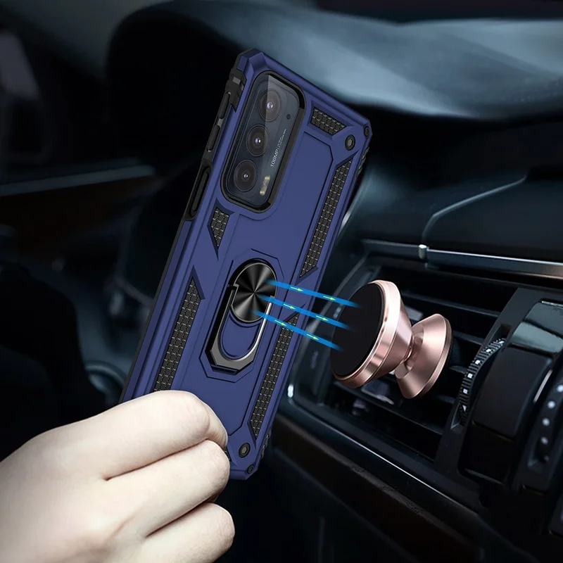 For Motorola Edge 20 Integrated Rotating Ring Kickstand Hybrid Cell Phone Case Military Grade Protection - Blue