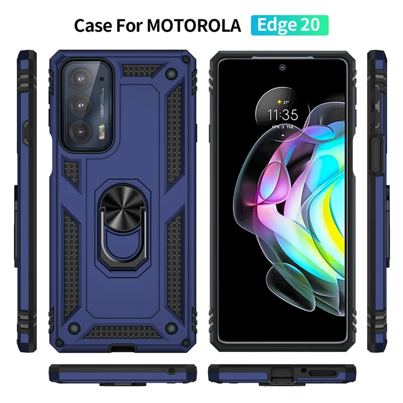 For Motorola Edge 20 Integrated Rotating Ring Kickstand Hybrid Cell Phone Case Military Grade Protection - Blue