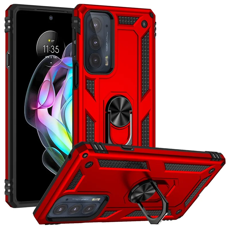 For Motorola Edge 20 Integrated Rotating Ring Kickstand Hybrid Cell Phone Case Military Grade Protection - Red