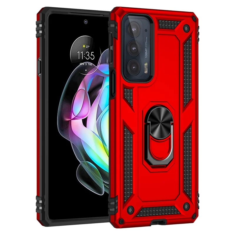 For Motorola Edge 20 Integrated Rotating Ring Kickstand Hybrid Cell Phone Case Military Grade Protection - Red