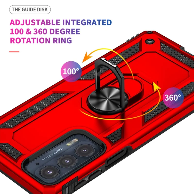 For Motorola Edge 20 Integrated Rotating Ring Kickstand Hybrid Cell Phone Case Military Grade Protection - Red