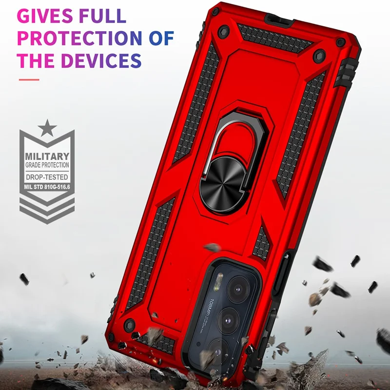 For Motorola Edge 20 Integrated Rotating Ring Kickstand Hybrid Cell Phone Case Military Grade Protection - Red