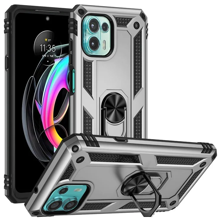 Per Motorola Edge 20 Lite Ring Regolabile Kackstand PC + Cassa Del Telefono Cellulare Ibrido TPU Protezione Completa - D'argento