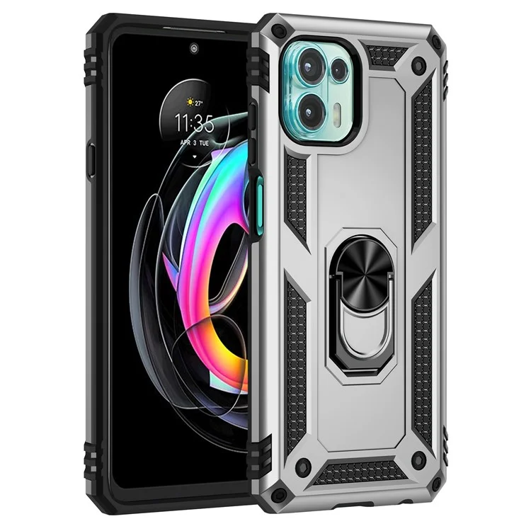 Per Motorola Edge 20 Lite Ring Regolabile Kackstand PC + Cassa Del Telefono Cellulare Ibrido TPU Protezione Completa - D'argento