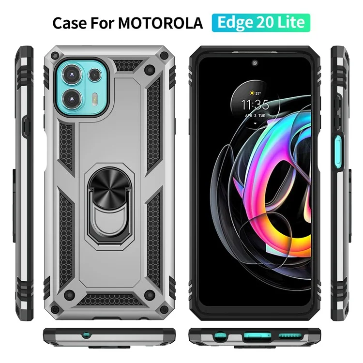 Per Motorola Edge 20 Lite Ring Regolabile Kackstand PC + Cassa Del Telefono Cellulare Ibrido TPU Protezione Completa - D'argento