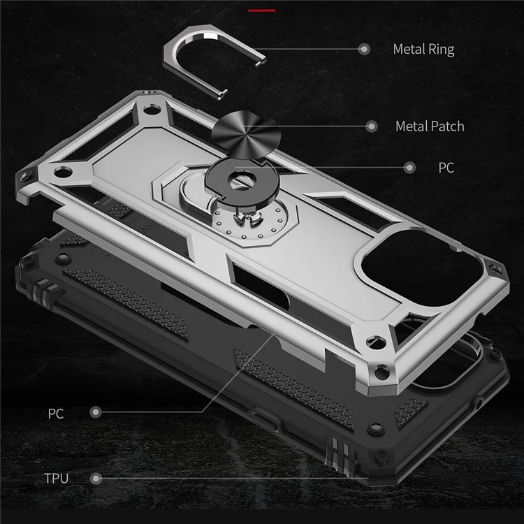Per Motorola Edge 20 Lite Ring Regolabile Kackstand PC + Cassa Del Telefono Cellulare Ibrido TPU Protezione Completa - D'argento