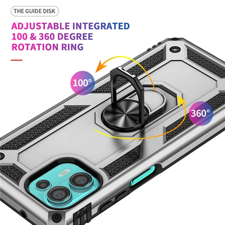 Per Motorola Edge 20 Lite Ring Regolabile Kackstand PC + Cassa Del Telefono Cellulare Ibrido TPU Protezione Completa - D'argento