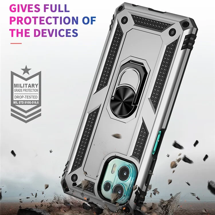 Per Motorola Edge 20 Lite Ring Regolabile Kackstand PC + Cassa Del Telefono Cellulare Ibrido TPU Protezione Completa - D'argento