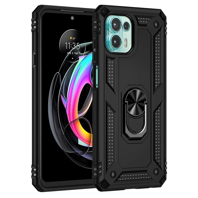 For Motorola Edge 20 Lite Adjustable Ring Kickstand PC + TPU Hybrid Cell Phone Case Full Protection - Black