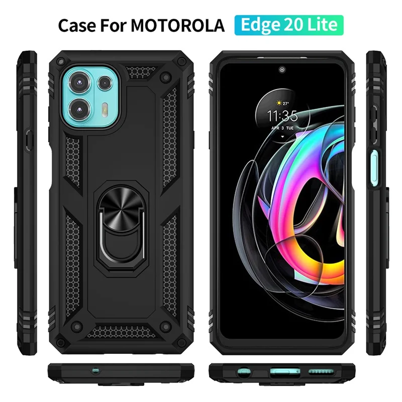 For Motorola Edge 20 Lite Adjustable Ring Kickstand PC + TPU Hybrid Cell Phone Case Full Protection - Black