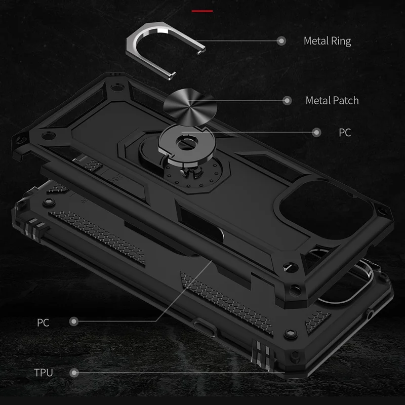 For Motorola Edge 20 Lite Adjustable Ring Kickstand PC + TPU Hybrid Cell Phone Case Full Protection - Black