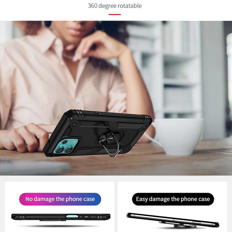 For Motorola Edge 20 Lite Adjustable Ring Kickstand PC + TPU Hybrid Cell Phone Case Full Protection - Black