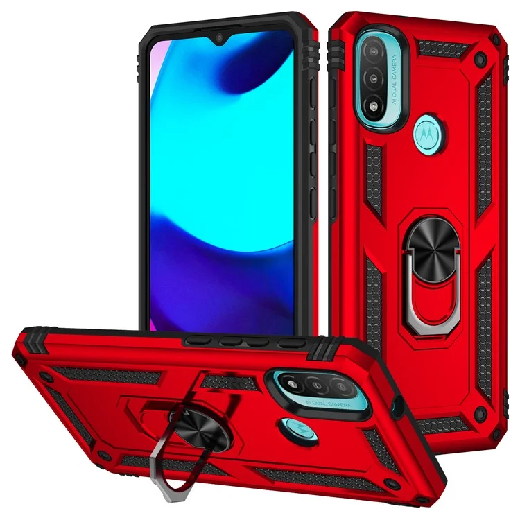 For Motorola Moto E20 Military Grade Drop-Proof PC + TPU Hybrid Cell Phone Case with Rotatory Ring Kickstand - Red