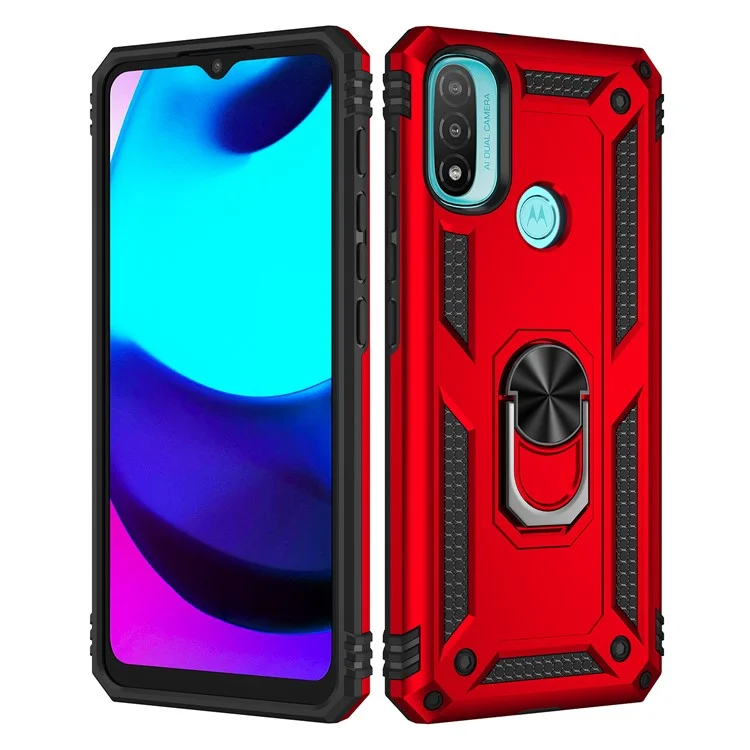 For Motorola Moto E20 Military Grade Drop-Proof PC + TPU Hybrid Cell Phone Case with Rotatory Ring Kickstand - Red