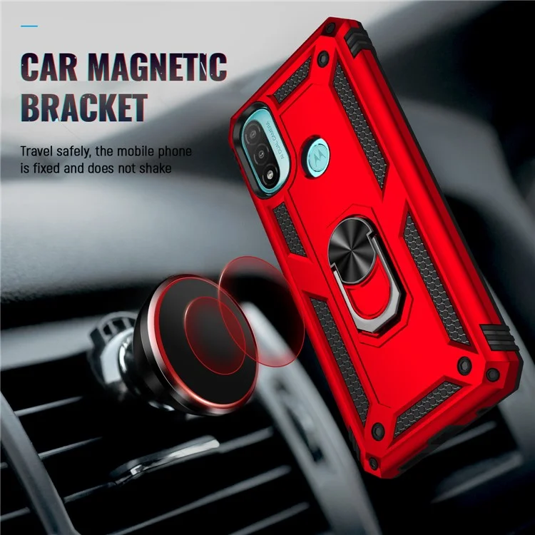 For Motorola Moto E20 Military Grade Drop-Proof PC + TPU Hybrid Cell Phone Case with Rotatory Ring Kickstand - Red