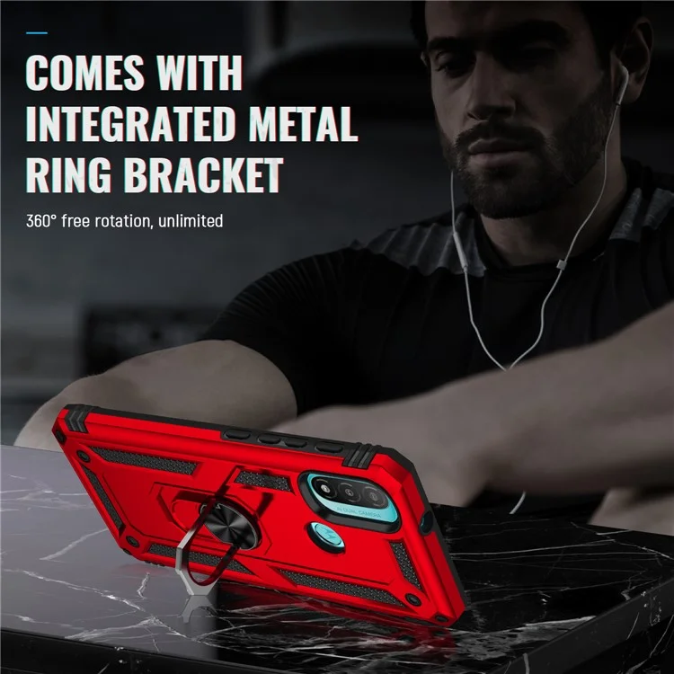 Per Motorola Moto E20 Custodia per cellulare ibrida PC + TPU a prova di caduta di grado militare con supporto rotante - Rosso