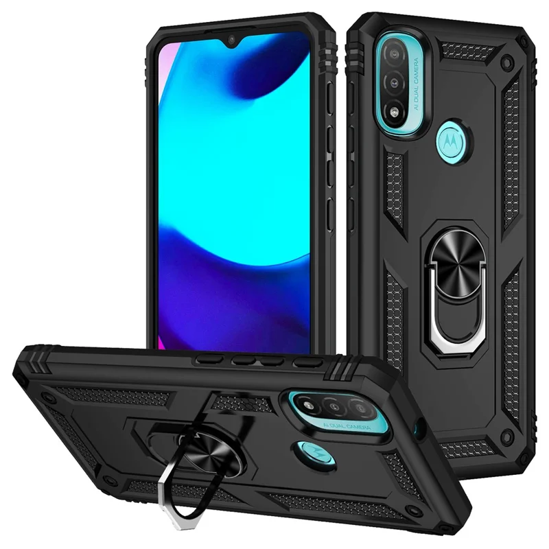 For Motorola Moto E20 Military Grade Drop-Proof PC + TPU Hybrid Cell Phone Case with Rotatory Ring Kickstand - Black
