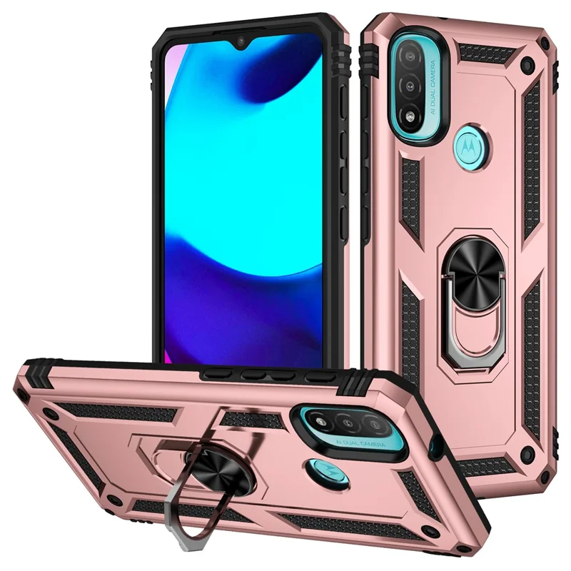 For Motorola Moto E20 Military Grade Drop-Proof PC + TPU Hybrid Cell Phone Case with Rotatory Ring Kickstand - Rose Gold