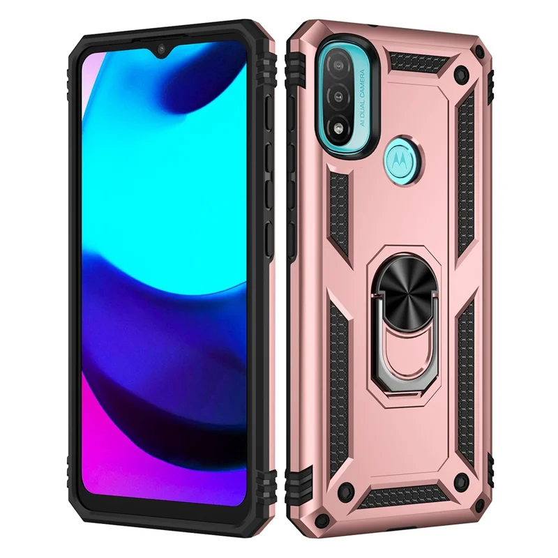 For Motorola Moto E20 Military Grade Drop-Proof PC + TPU Hybrid Cell Phone Case with Rotatory Ring Kickstand - Rose Gold