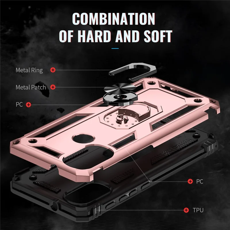 For Motorola Moto E20 Military Grade Drop-Proof PC + TPU Hybrid Cell Phone Case with Rotatory Ring Kickstand - Rose Gold