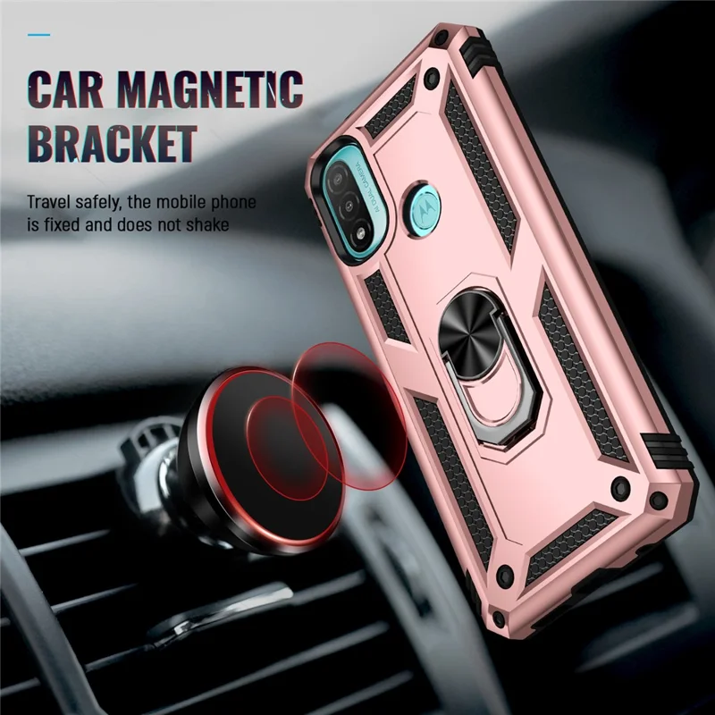 For Motorola Moto E20 Military Grade Drop-Proof PC + TPU Hybrid Cell Phone Case with Rotatory Ring Kickstand - Rose Gold