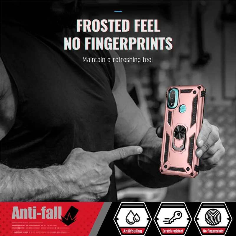 For Motorola Moto E20 Military Grade Drop-Proof PC + TPU Hybrid Cell Phone Case with Rotatory Ring Kickstand - Rose Gold