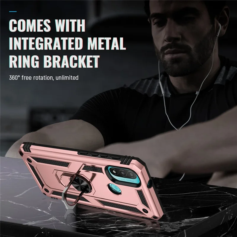 For Motorola Moto E20 Military Grade Drop-Proof PC + TPU Hybrid Cell Phone Case with Rotatory Ring Kickstand - Rose Gold