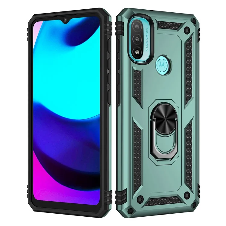 Para Motorola Moto E20 Prove de Gravação Militar PC + TPU Caixa de Telefone Celular Híbrido Com Kickstand de Anel Rotatório - Verde Negruzco