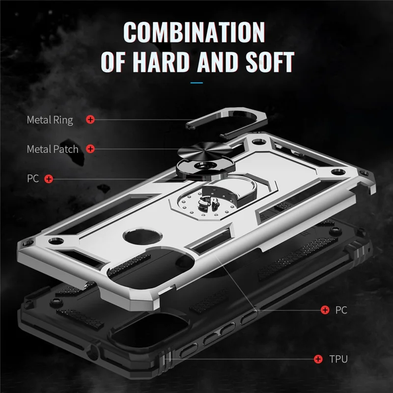 For Motorola Moto E20 Military Grade Drop-Proof PC + TPU Hybrid Cell Phone Case with Rotatory Ring Kickstand - Silver