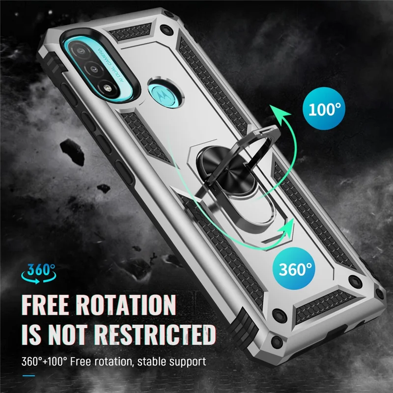 For Motorola Moto E20 Military Grade Drop-Proof PC + TPU Hybrid Cell Phone Case with Rotatory Ring Kickstand - Silver