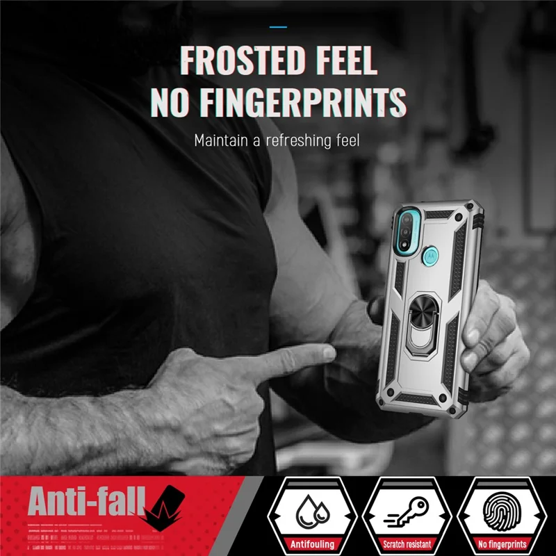 For Motorola Moto E20 Military Grade Drop-Proof PC + TPU Hybrid Cell Phone Case with Rotatory Ring Kickstand - Silver