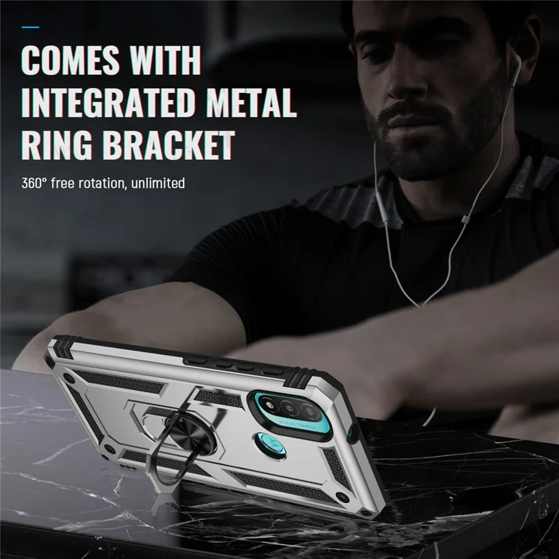 For Motorola Moto E20 Military Grade Drop-Proof PC + TPU Hybrid Cell Phone Case with Rotatory Ring Kickstand - Silver