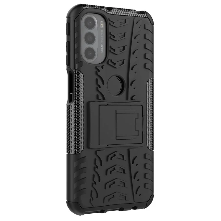 For Motorola Moto G31 / Moto G41 PC + TPU Dual Layer Impact Case Tire Model Kickstand Shockproof Cover - Black