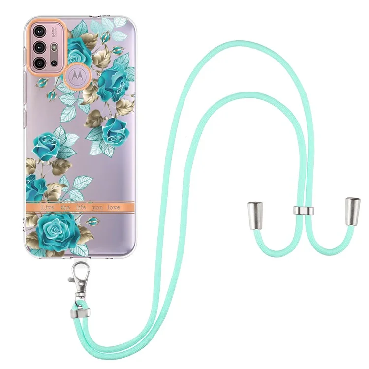 Para Motorola Moto G30 / Moto G20 / Moto G10 /Moto G10 Power YB IMD-9 Series Flower Pattern IMD IML Funda de Teléfono Blanda TPU Anti-Caída Chapado Cubierta con Cordón - HC002 Blue Rose