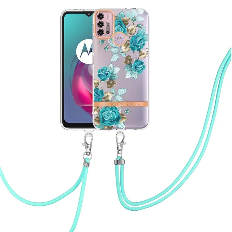 Para Motorola Moto G30 / Moto G20 / Moto G10 /Moto G10 Power YB IMD-9 Series Flower Pattern IMD IML Funda de Teléfono Blanda TPU Anti-Caída Chapado Cubierta con Cordón - HC002 Blue Rose