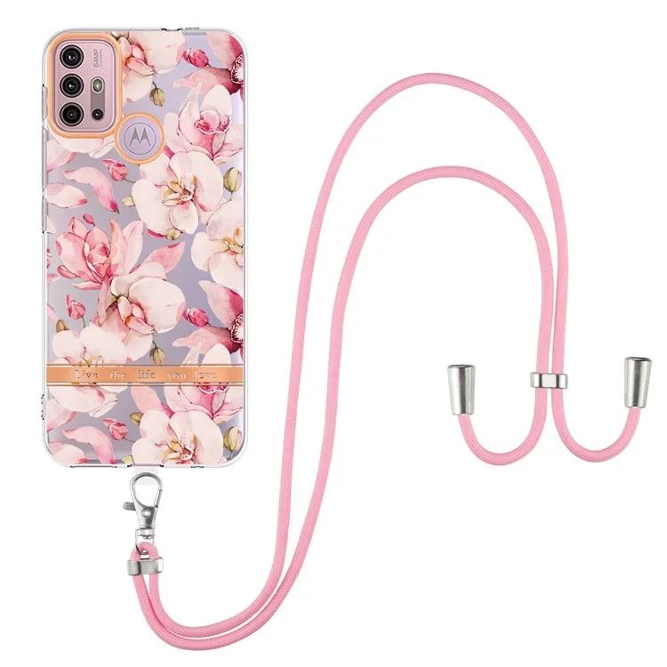Для Motorola Moto G30 / Moto G20 / Moto G10 /Moto G10 Power YB IMD-9 Series Flower Pattern IMD IML Чехол для телефона Soft TPU Anti-Fall Electroplating Cover with Lanyard - HC005 Pink Gardenia