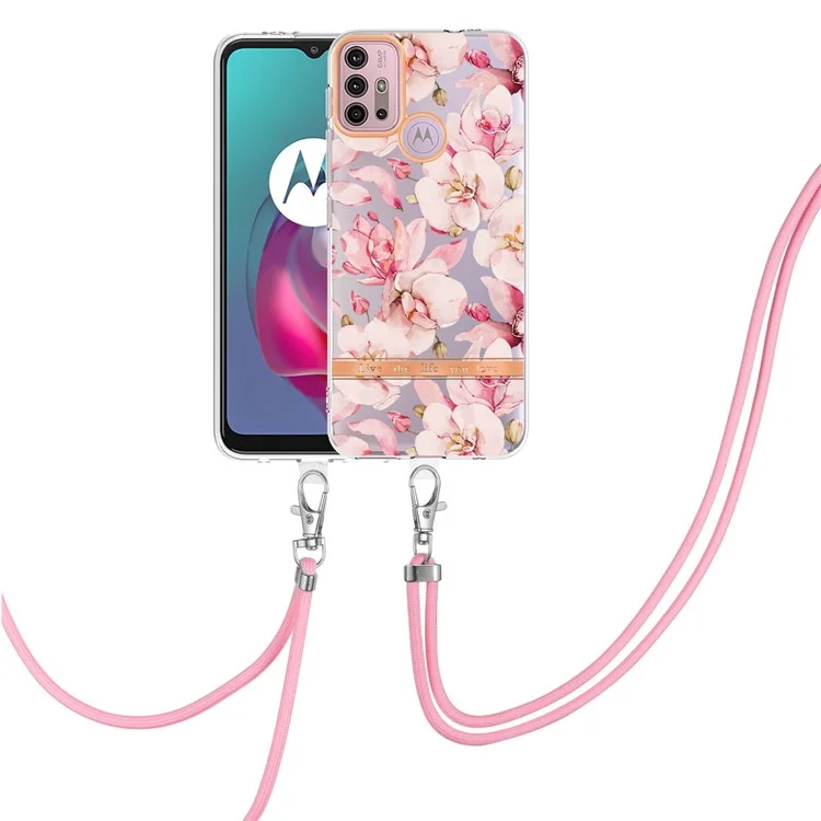 Для Motorola Moto G30 / Moto G20 / Moto G10 /Moto G10 Power YB IMD-9 Series Flower Pattern IMD IML Чехол для телефона Soft TPU Anti-Fall Electroplating Cover with Lanyard - HC005 Pink Gardenia
