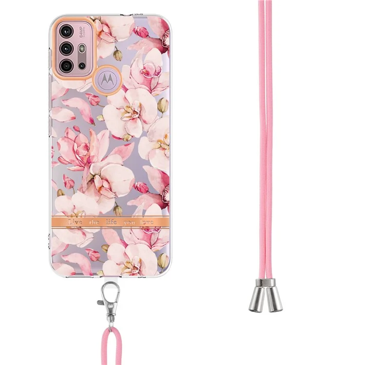 Для Motorola Moto G30 / Moto G20 / Moto G10 /Moto G10 Power YB IMD-9 Series Flower Pattern IMD IML Чехол для телефона Soft TPU Anti-Fall Electroplating Cover with Lanyard - HC005 Pink Gardenia