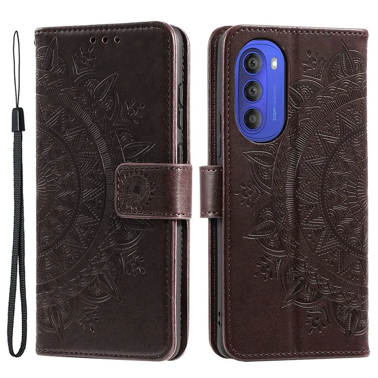 Mandala Blume Eingeprägte Telefonabdeckung Für Motorola Moto G51 5G, PU Leder Schockdet Wallet Haufen Ständer Shell Mit Handgelenkriemen - Braun