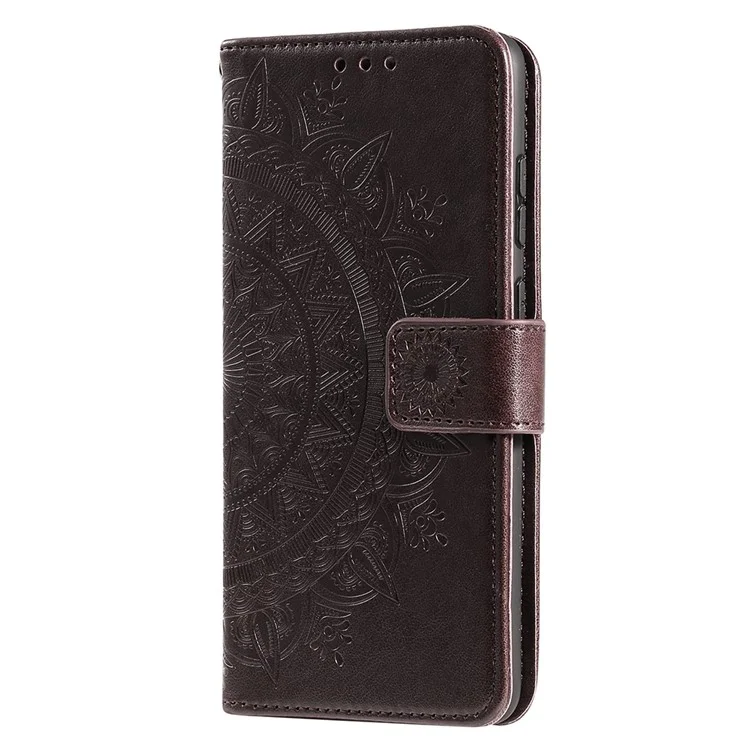 Mandala Blume Eingeprägte Telefonabdeckung Für Motorola Moto G51 5G, PU Leder Schockdet Wallet Haufen Ständer Shell Mit Handgelenkriemen - Braun