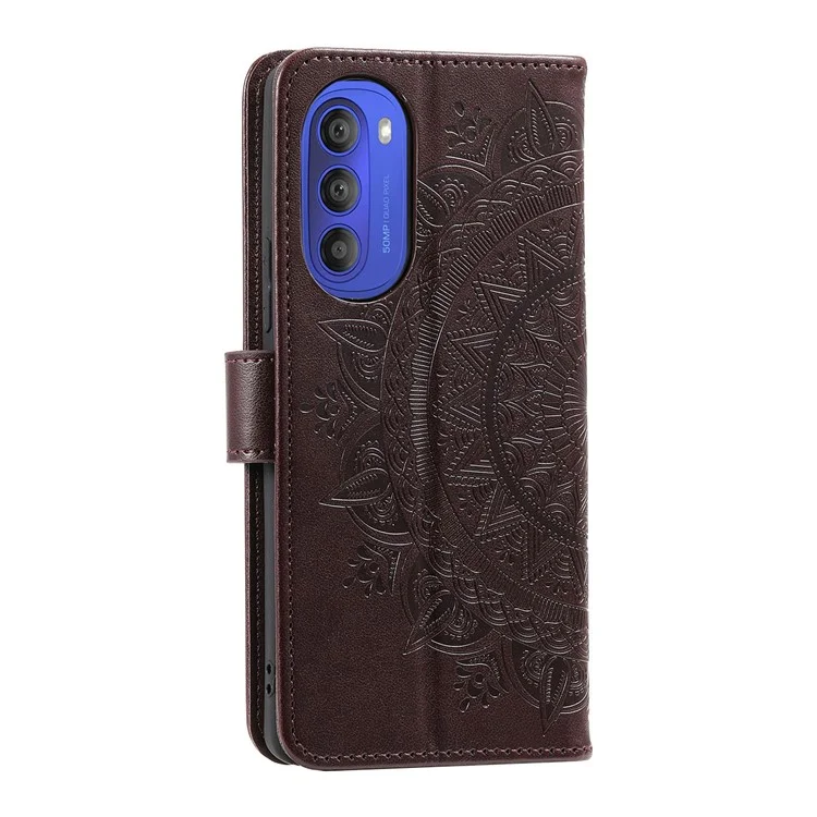 Mandala Blume Eingeprägte Telefonabdeckung Für Motorola Moto G51 5G, PU Leder Schockdet Wallet Haufen Ständer Shell Mit Handgelenkriemen - Braun