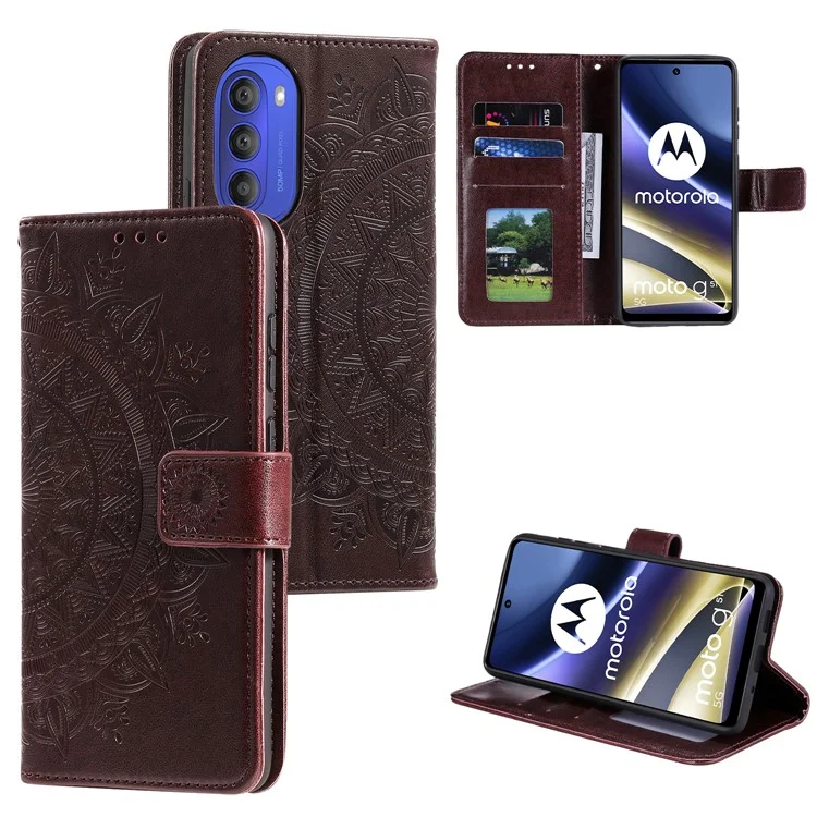 Mandala Blume Eingeprägte Telefonabdeckung Für Motorola Moto G51 5G, PU Leder Schockdet Wallet Haufen Ständer Shell Mit Handgelenkriemen - Braun